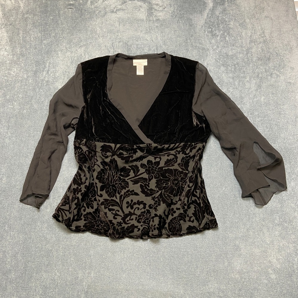 Worthington Blouse Top Womens XL Black Gray Velvet Burnout Sheer V-Neck Pullover